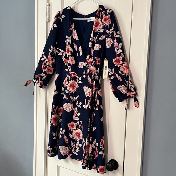 NWT Eliza J navy pink floral faux wrap dress knee length size 8 feminine summer - Picture 4 of 13